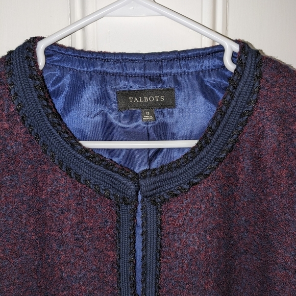 Talbots wool blend blazer maroon purple with navy ribbon trim - Picture 2 of 7